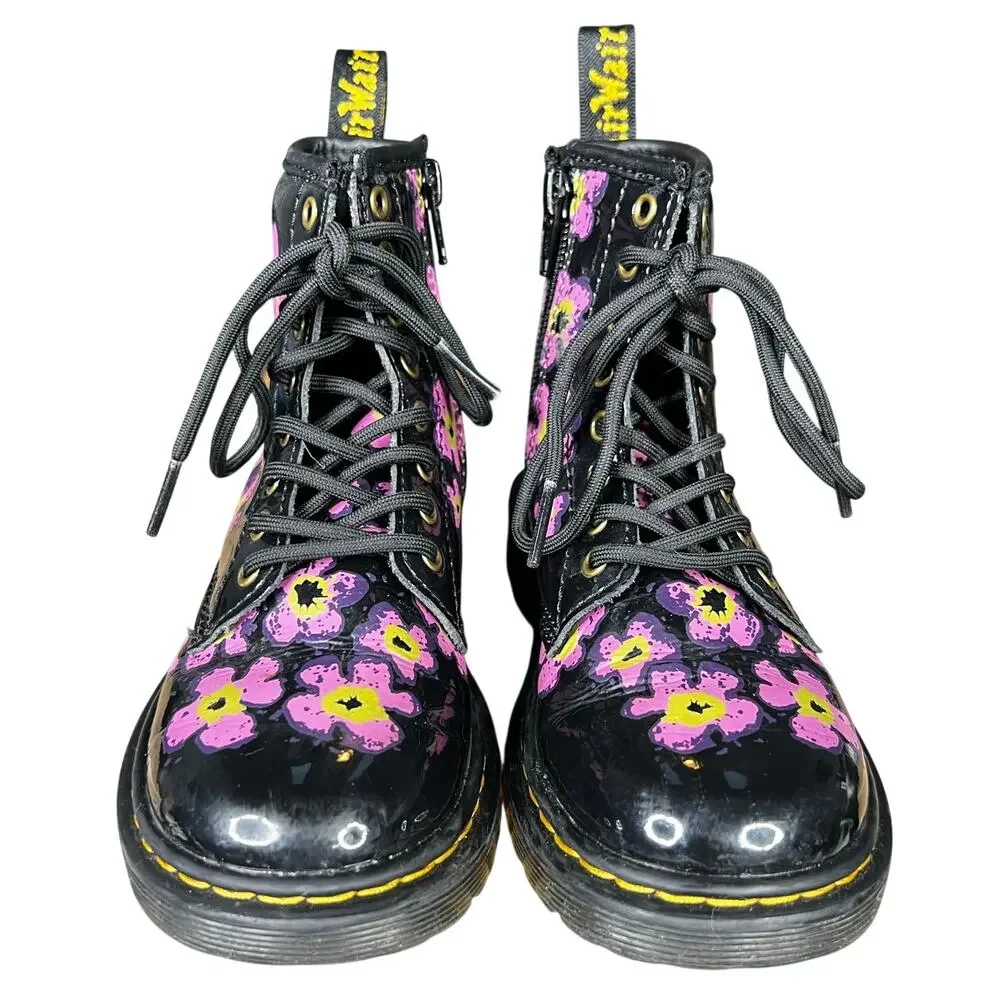 Dr. Martens Toddler Floral Black Patent Leather Combat Boots Size US 12
